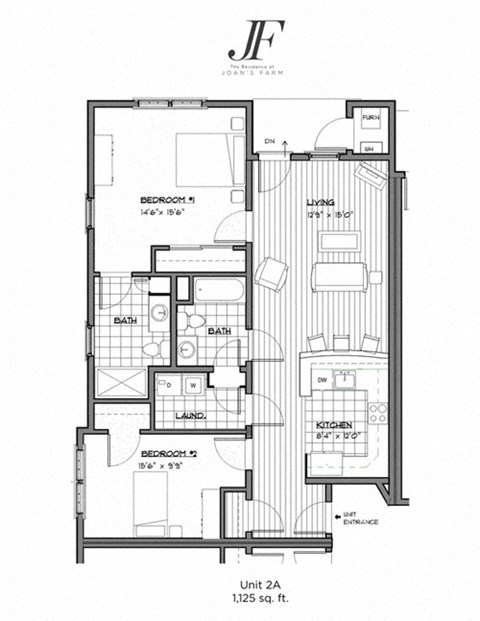 Floor plan for 2 beds, 2 baths, 1125 sqft